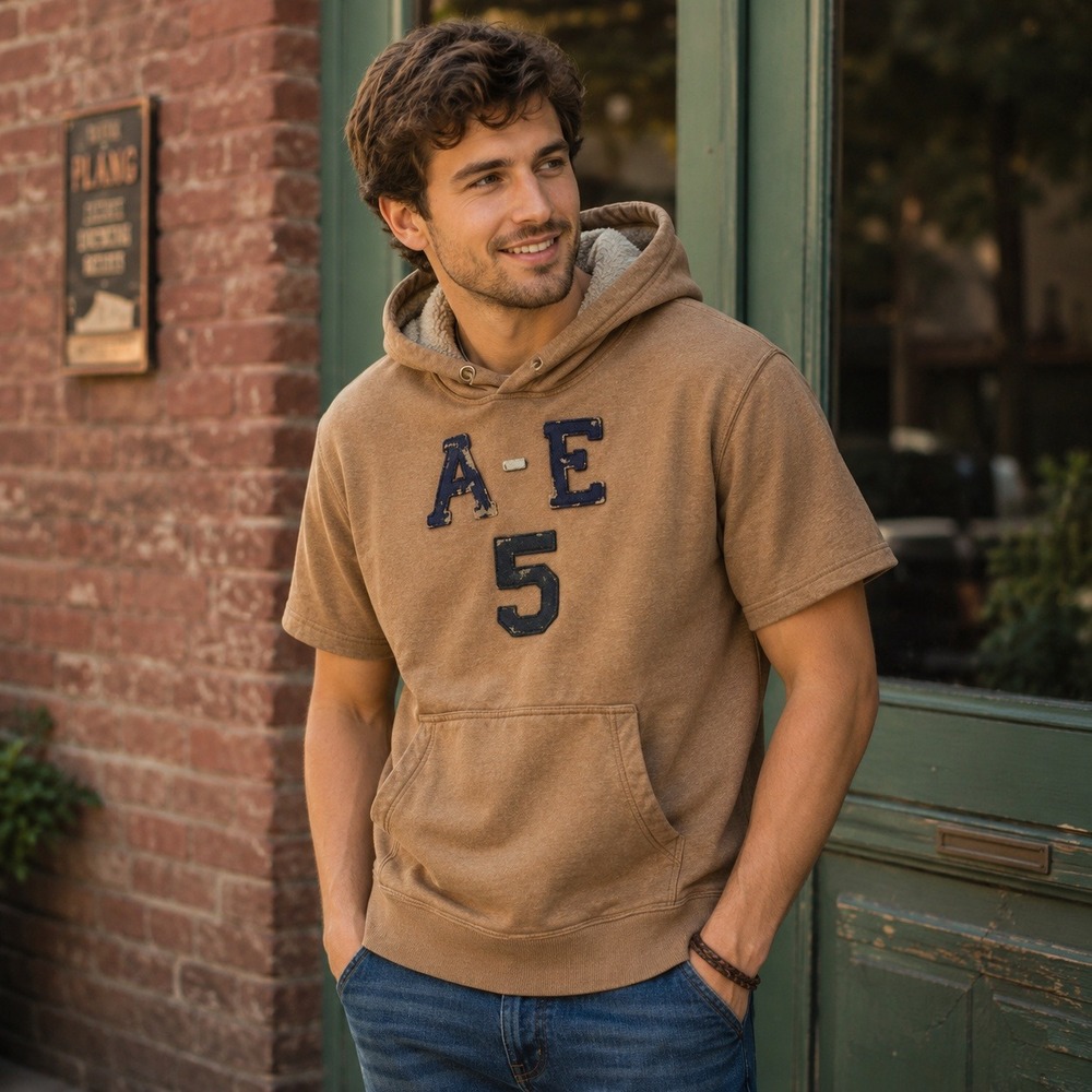 American Eagle Mens Short‎ Sleeve Hoodie Tan Slub Knit Varsity AE 5 Distressed L